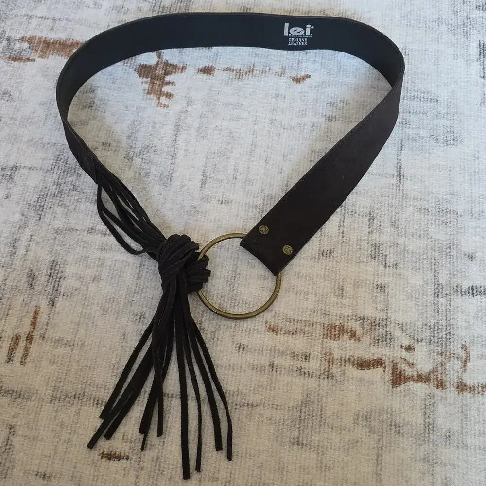 L.E.I. Genuine Dark Brown Suede Leather Low Slung Fringe Western Belt OS Trendy